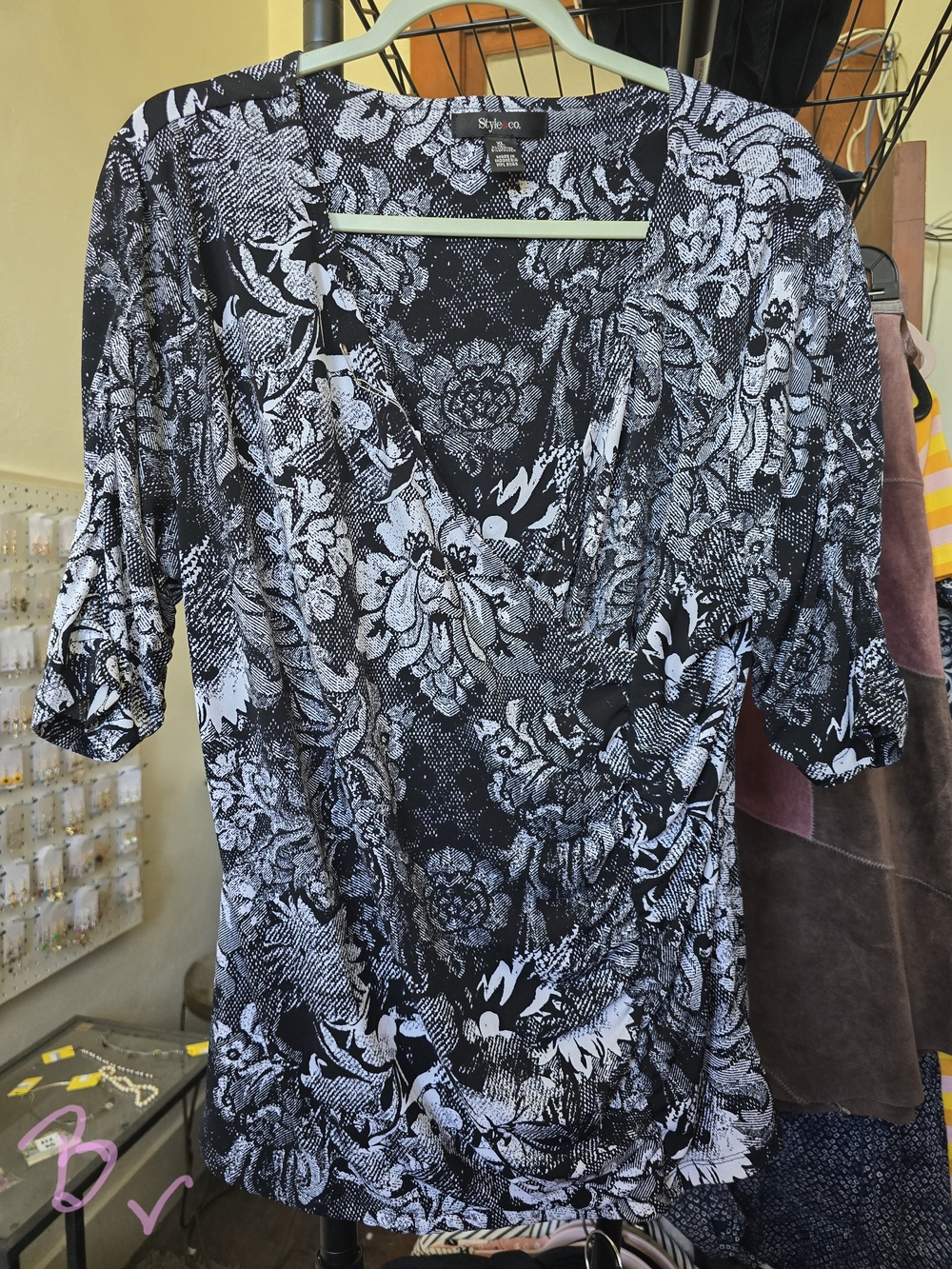 Style & Co. Black & White Floral Surplice Top